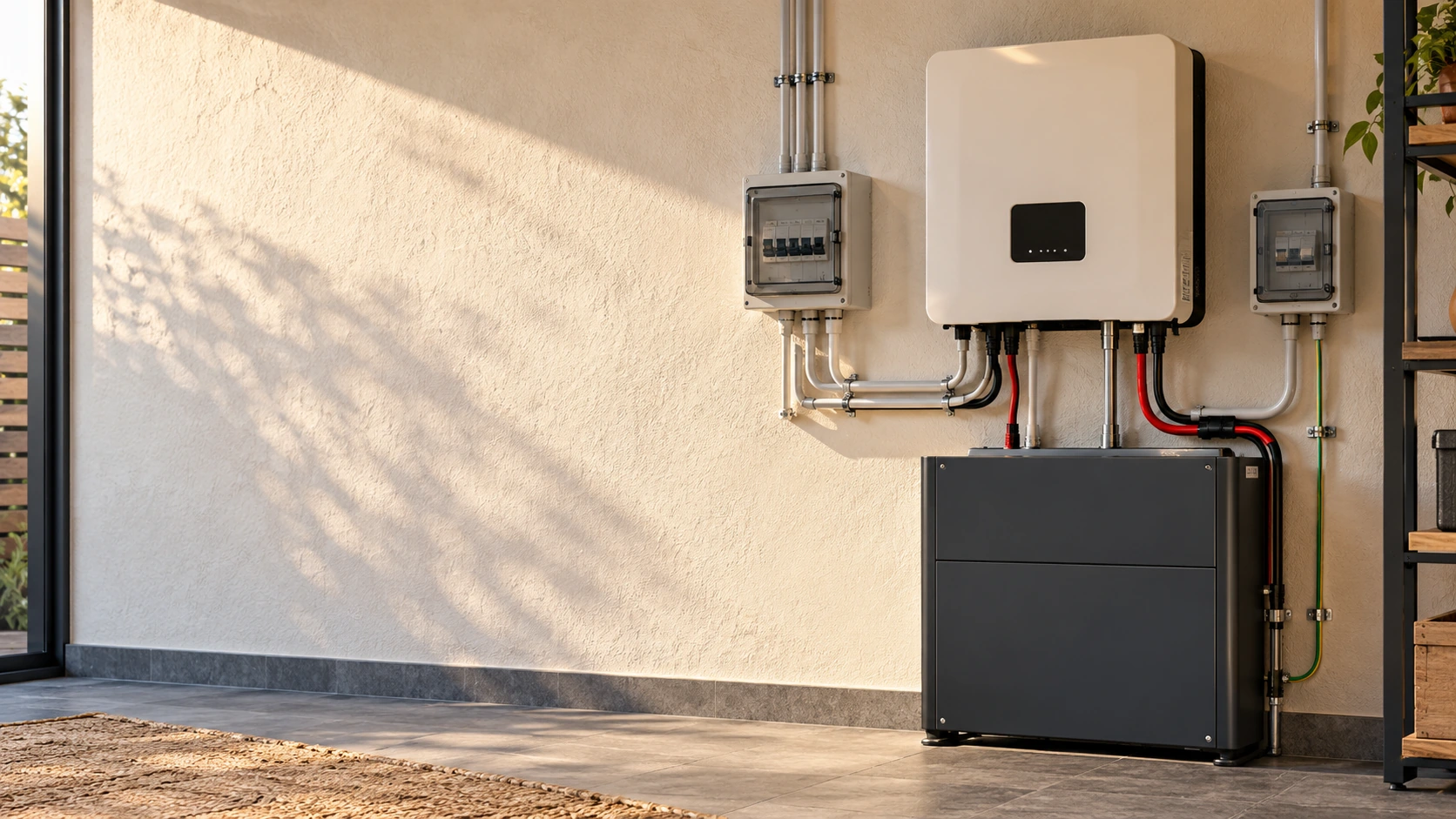 Architectural visualisation of a solar inverter and battery installation