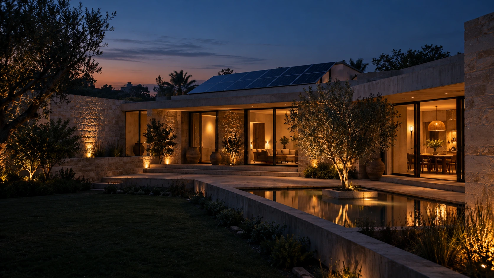 Solar-powered house at dusk, architectural visualisation